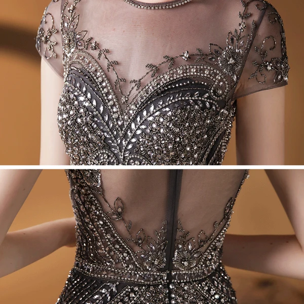 Haut de Gamme Marron Transparentes Tapis rouge Robe De Soirée 2020 Trompette / Sirène Encolure Dégagée Sans Manches Fait main Perlage Paillettes Longue Volants Robe De Ceremonie