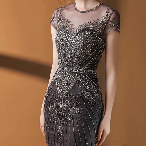 Haut de Gamme Marron Transparentes Tapis rouge Robe De Soirée 2020 Trompette / Sirène Encolure Dégagée Sans Manches Fait main Perlage Paillettes Longue Volants Robe De Ceremonie