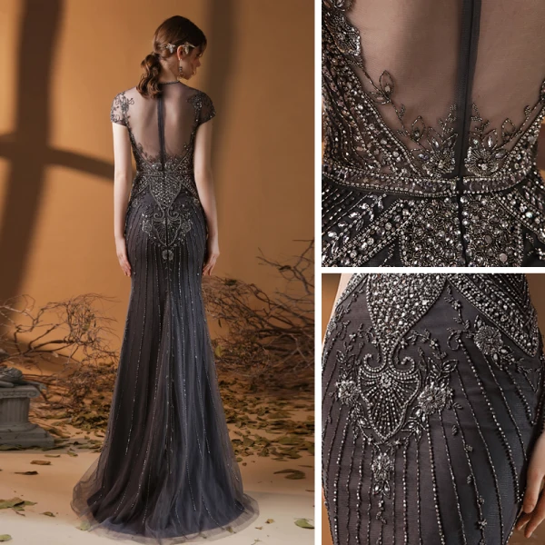Haut de Gamme Marron Transparentes Tapis rouge Robe De Soirée 2020 Trompette / Sirène Encolure Dégagée Sans Manches Fait main Perlage Paillettes Longue Volants Robe De Ceremonie