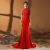 Eleganckie Vintage Czerwone Sukienki Wieczorowe 2020 Syrena / Rozkloszowane Wysokiej Szyi Kótkie Rękawy Frezowanie Rhinestone Trenem Sweep Wzburzyć Sukienki Wizytowe