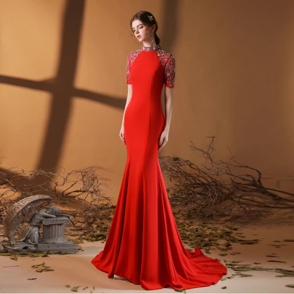 Eleganckie Vintage Czerwone Sukienki Wieczorowe 2020 Syrena / Rozkloszowane Wysokiej Szyi Kótkie Rękawy Frezowanie Rhinestone Trenem Sweep Wzburzyć Sukienki Wizytowe
