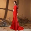 Eleganckie Vintage Czerwone Sukienki Wieczorowe 2020 Syrena / Rozkloszowane Wysokiej Szyi Kótkie Rękawy Frezowanie Rhinestone Trenem Sweep Wzburzyć Sukienki Wizytowe