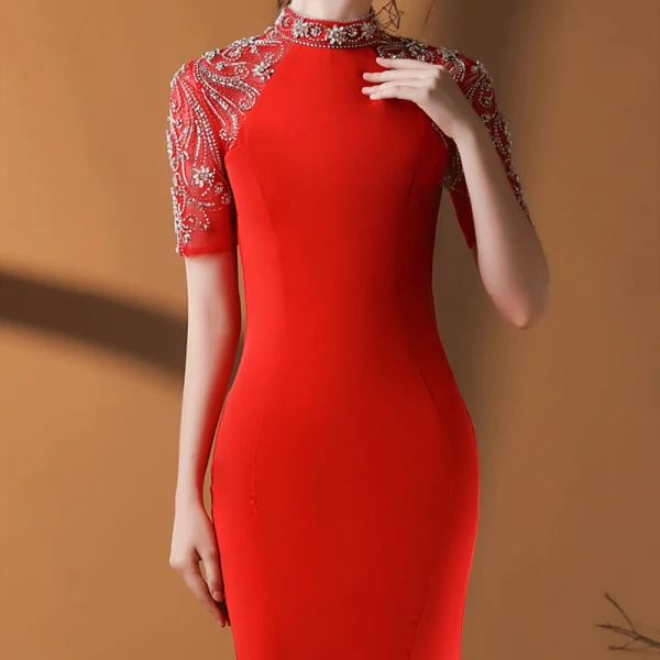 Eleganckie Vintage Czerwone Sukienki Wieczorowe 2020 Syrena / Rozkloszowane Wysokiej Szyi Kótkie Rękawy Frezowanie Rhinestone Trenem Sweep Wzburzyć Sukienki Wizytowe