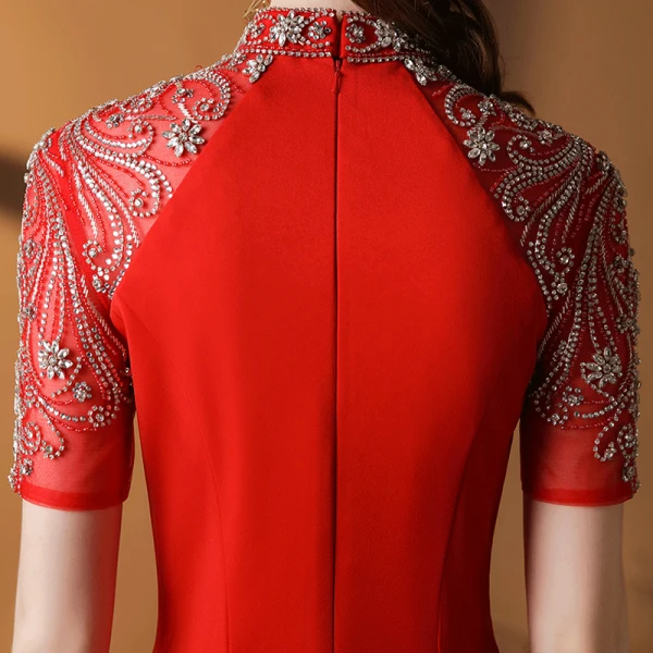 Eleganckie Vintage Czerwone Sukienki Wieczorowe 2020 Syrena / Rozkloszowane Wysokiej Szyi Kótkie Rękawy Frezowanie Rhinestone Trenem Sweep Wzburzyć Sukienki Wizytowe