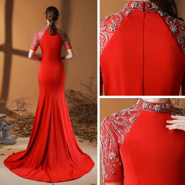 Eleganckie Vintage Czerwone Sukienki Wieczorowe 2020 Syrena / Rozkloszowane Wysokiej Szyi Kótkie Rękawy Frezowanie Rhinestone Trenem Sweep Wzburzyć Sukienki Wizytowe