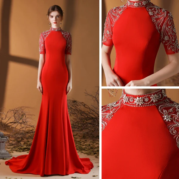 Eleganckie Vintage Czerwone Sukienki Wieczorowe 2020 Syrena / Rozkloszowane Wysokiej Szyi Kótkie Rękawy Frezowanie Rhinestone Trenem Sweep Wzburzyć Sukienki Wizytowe