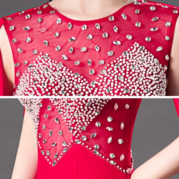 Mode Rouge Transparentes Robe De Soirée 2020 Trompette / Sirène Encolure Dégagée Sans Manches Perlage Perle Longue Robe De Ceremonie