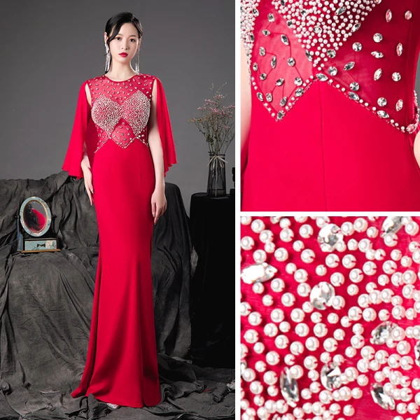Mode Rouge Transparentes Robe De Soirée 2020 Trompette / Sirène Encolure Dégagée Sans Manches Perlage Perle Longue Robe De Ceremonie