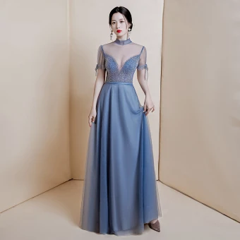 Sexy Ocean Blue See Through Dancing Evening Dresses 2020 A Line Princess High Neck Short Sleeve Beading Sequins Floor Length Long Ruffle Formal Dresses