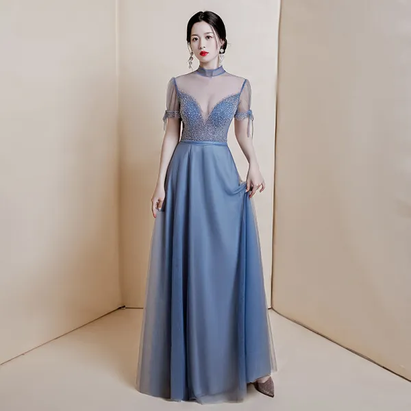 Sexy Ocean Blue See-through Dancing Evening Dresses  2020 A-Line / Princess High Neck Short Sleeve Beading Sequins Floor-Length / Long Ruffle Formal Dresses