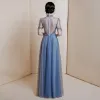 Sexy Océan Bleu Transparentes Dansant Robe De Soirée 2020 Princesse Col Haut Manches Courtes Perlage Paillettes Longue Volants Robe De Ceremonie