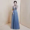 Sexy Océan Bleu Transparentes Dansant Robe De Soirée 2020 Princesse Col Haut Manches Courtes Perlage Paillettes Longue Volants Robe De Ceremonie