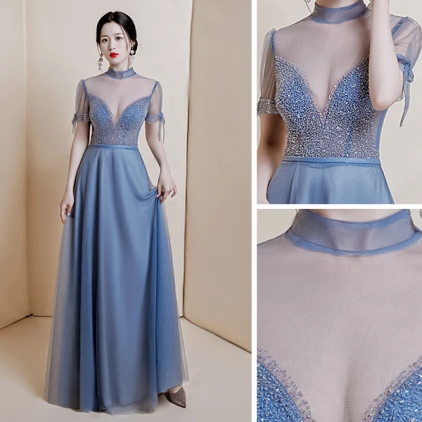 Sexy Meeresblau Durchsichtige Tanzen Abendkleider 2020 A Linie Stehkragen Kurze Ärmel Perlenstickerei Pailletten Lange Rüschen Festliche Kleider