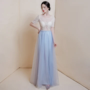 Illusion Bleu Ciel Transparentes Robe De Bal 2020 Princesse Encolure Dégagée Manches Courtes Glitter Tulle Perlage Longue Volants Robe De Ceremonie