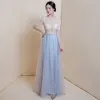 Illusion Bleu Ciel Transparentes Robe De Bal 2020 Princesse Encolure Dégagée Manches Courtes Glitter Tulle Perlage Longue Volants Robe De Ceremonie