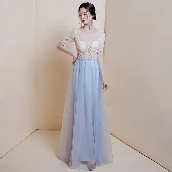 Illusion Sky Blue See-through Prom Dresses 2020 A-Line / Princess Scoop Neck Short Sleeve Glitter Tulle Beading Floor-Length / Long Ruffle Formal Dresses