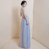 Illusion Bleu Ciel Transparentes Robe De Bal 2020 Princesse Encolure Dégagée Manches Courtes Glitter Tulle Perlage Longue Volants Robe De Ceremonie