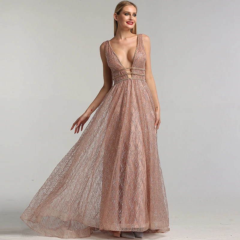 Sexy Rose Gold Red Carpet Evening Dresses 2020 A Line Princess Deep V Neck  Sleeveless Beading Glitter Organza Sweep Train Ruffle Backless Formal  Dresses
