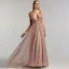 Sexy Rose Gold Red Carpet Evening Dresses  2020 A-Line / Princess Deep V-Neck Sleeveless Beading Glitter Organza Sweep Train Ruffle Backless Formal Dresses