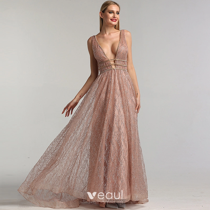 Sexy Rose Gold Red Carpet Evening Dresses 2020 A-Line / Princess Deep V-Neck Sleeveless Beading Glitter Organza Sweep Train Ruffle Backless Formal