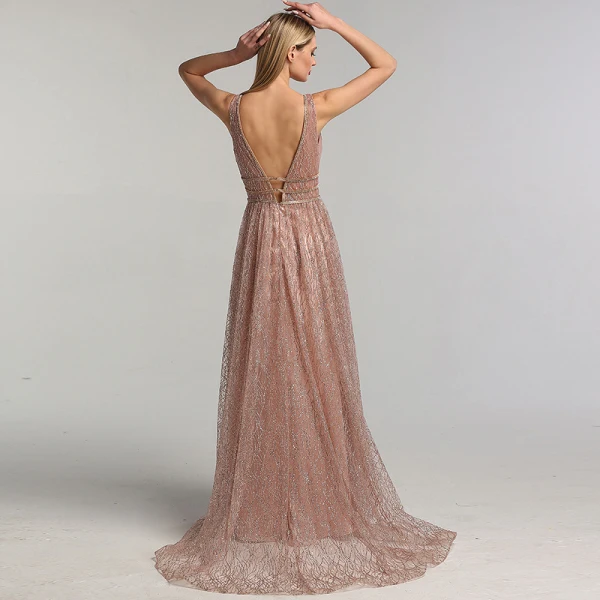 Sexy Rose Gold Red Carpet Evening Dresses 2020 A-Line / Princess Deep V-Neck Sleeveless Beading Glitter Organza Sweep Train Ruffle Backless Formal Dresses