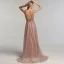 Sexy Rose Gold Red Carpet Evening Dresses  2020 A-Line / Princess Deep V-Neck Sleeveless Beading Glitter Organza Sweep Train Ruffle Backless Formal Dresses