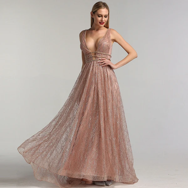 Sexy Rose Gold Red Carpet Evening Dresses 2020 A-Line / Princess Deep V-Neck Sleeveless Beading Glitter Organza Sweep Train Ruffle Backless Formal