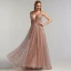 Sexy Rose Gold Red Carpet Evening Dresses  2020 A-Line / Princess Deep V-Neck Sleeveless Beading Glitter Organza Sweep Train Ruffle Backless Formal Dresses