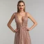 Sexy Rose Gold Red Carpet Evening Dresses  2020 A-Line / Princess Deep V-Neck Sleeveless Beading Glitter Organza Sweep Train Ruffle Backless Formal Dresses