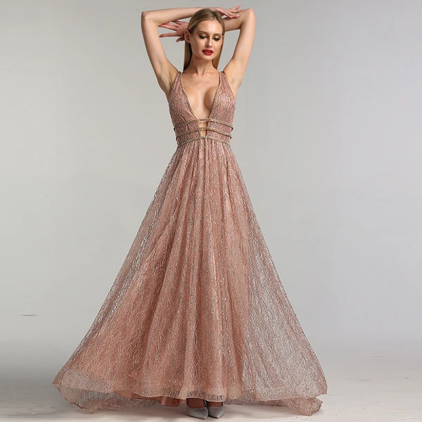 Sexy Rose Gold Red Carpet Evening Dresses 2020 A-Line / Princess Deep V-Neck Sleeveless Beading Glitter Organza Sweep Train Ruffle Backless Formal Dresses