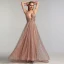 Sexy Rose Gold Red Carpet Evening Dresses  2020 A-Line / Princess Deep V-Neck Sleeveless Beading Glitter Organza Sweep Train Ruffle Backless Formal Dresses