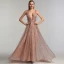 Sexy Rose Gold Red Carpet Evening Dresses  2020 A-Line / Princess Deep V-Neck Sleeveless Beading Glitter Organza Sweep Train Ruffle Backless Formal Dresses