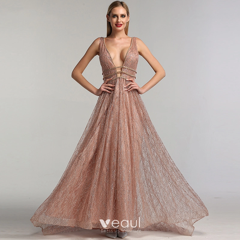 Sexy Rose Gold Red Carpet Evening Dresses 2020 A-Line / Princess Deep V-Neck Sleeveless Beading Glitter Organza Sweep Train Ruffle Backless Formal