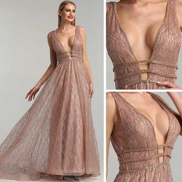 Sexy Rose Gold Red Carpet Evening Dresses 2020 A-Line / Princess Deep V-Neck Sleeveless Beading Glitter Organza Sweep Train Ruffle Backless Formal Dresses