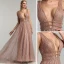 Sexy Rose Gold Red Carpet Evening Dresses  2020 A-Line / Princess Deep V-Neck Sleeveless Beading Glitter Organza Sweep Train Ruffle Backless Formal Dresses