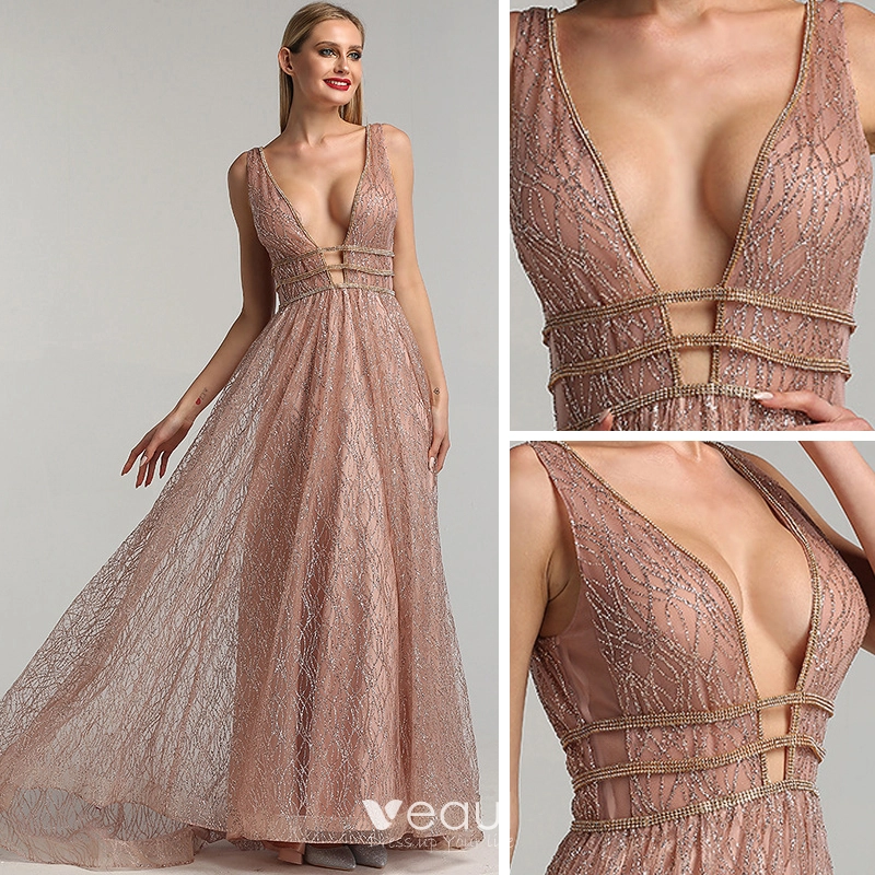 midi graduation dresses for women Rose Gold Sequin Sexy Side Slit Long Evening Prom Dresses, Cheap Custom  Prom Dresses, MR7231 main image 1