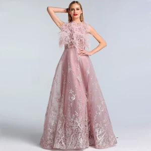 High End Blushing Pink See Through Evening Dresses 2020 A Line Princess Scoop Neck Sleeveless Feather Appliques Lace Rhinestone Floor Length Long Ruffle Formal Dresses