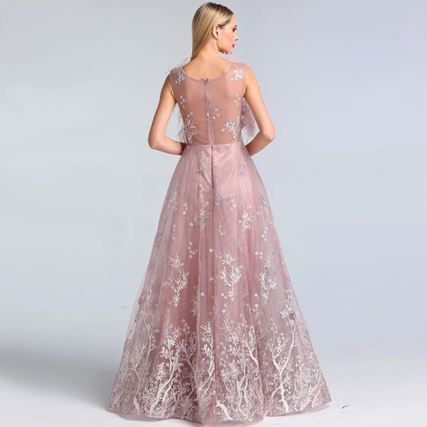 High-end Blushing Pink See-through Evening Dresses 2020 A-Line / Princess Scoop Neck Sleeveless Feather Appliques Lace Rhinestone Floor-Length / Long Ruffle Formal Dresses