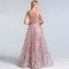 High-end Blushing Pink See-through Evening Dresses  2020 A-Line / Princess Scoop Neck Sleeveless Feather Appliques Lace Rhinestone Floor-Length / Long Ruffle Formal Dresses