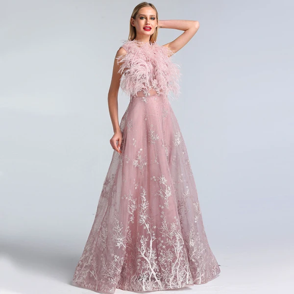 High-end Blushing Pink See-through Evening Dresses 2020 A-Line / Princess Scoop Neck Sleeveless Feather Appliques Lace Rhinestone Floor-Length / Long Ruffle Formal Dresses