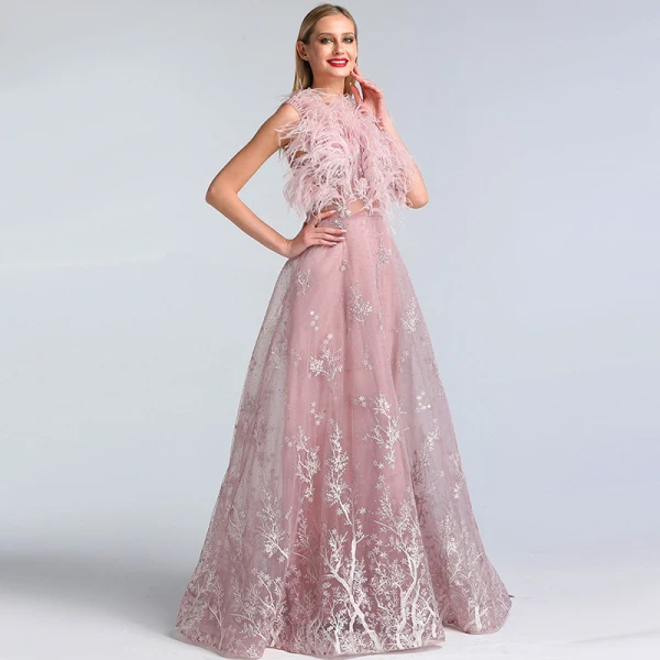 High-end Blushing Pink See-through Evening Dresses 2020 A-Line / Princess Scoop Neck Sleeveless Feather Appliques Lace Rhinestone Floor-Length / Long Ruffle Formal Dresses
