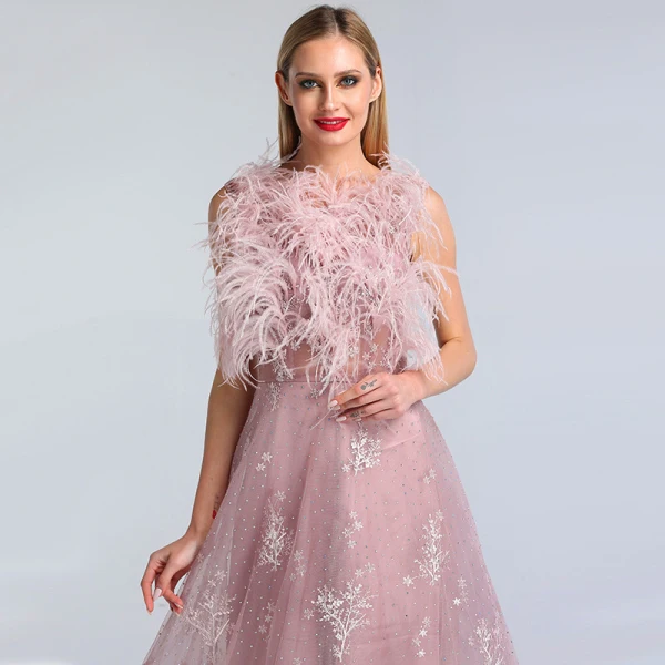 High-end Blushing Pink See-through Evening Dresses 2020 A-Line / Princess Scoop Neck Sleeveless Feather Appliques Lace Rhinestone Floor-Length / Long Ruffle Formal Dresses