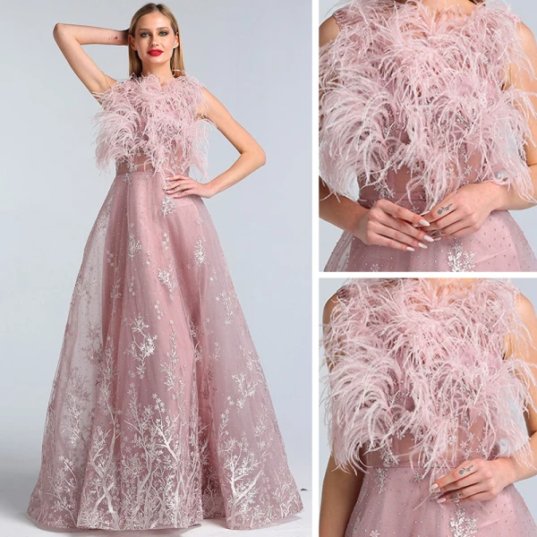 High-end Blushing Pink See-through Evening Dresses 2020 A-Line / Princess Scoop Neck Sleeveless Feather Appliques Lace Rhinestone Floor-Length / Long Ruffle Formal Dresses