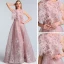 High-end Blushing Pink See-through Evening Dresses  2020 A-Line / Princess Scoop Neck Sleeveless Feather Appliques Lace Rhinestone Floor-Length / Long Ruffle Formal Dresses