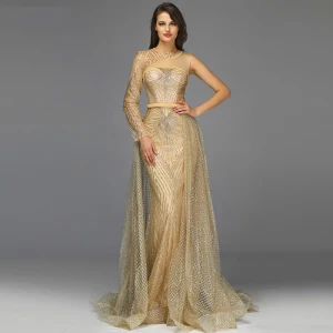 High End Gull Gjennomsiktig Rødt Teppe Selskapskjoler 2020 Trompet Havfrue En Skulder Langermede Paljetter Glitter Organza Sash Feie Tog Buste Formelle Kjoler