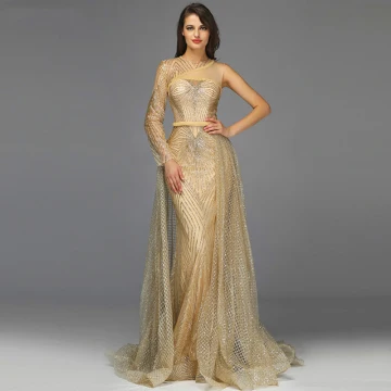 High End Gold See Through Red Carpet Evening Dresses 2020 Trumpet Mermaid One Shoulder Long Sleeve Sequins Glitter Organza Sash Sweep Train Ruffle Formal Dresses