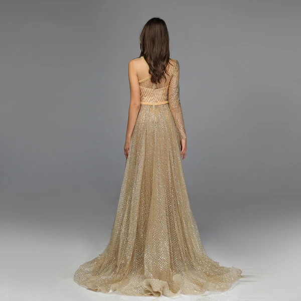 High End Gold Durchsichtige Roter Teppich Abendkleider 2020 Meerjungfrau One-Shoulder Lange Ärmel Pailletten Glanz Organza Stoffgürtel Sweep / Pinsel Zug Rüschen Festliche Kleider