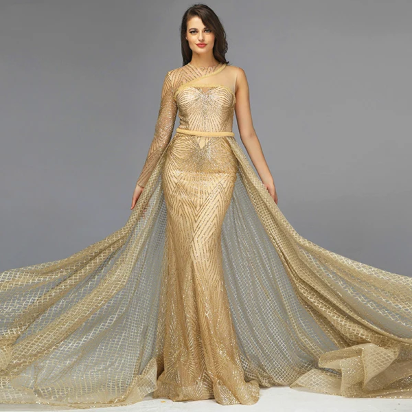 High End Gold Durchsichtige Roter Teppich Abendkleider 2020 Meerjungfrau One-Shoulder Lange Ärmel Pailletten Glanz Organza Stoffgürtel Sweep / Pinsel Zug Rüschen Festliche Kleider