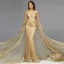 High End Gold Durchsichtige Roter Teppich Abendkleider 2020 Meerjungfrau One-Shoulder Lange Ärmel Pailletten Glanz Organza Stoffgürtel Sweep / Pinsel Zug Rüschen Festliche Kleider