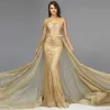 High-end Gold See-through Red Carpet Evening Dresses  2020 Trumpet / Mermaid One-Shoulder Long Sleeve Sequins Glitter Organza Sash Sweep Train Ruffle Formal Dresses